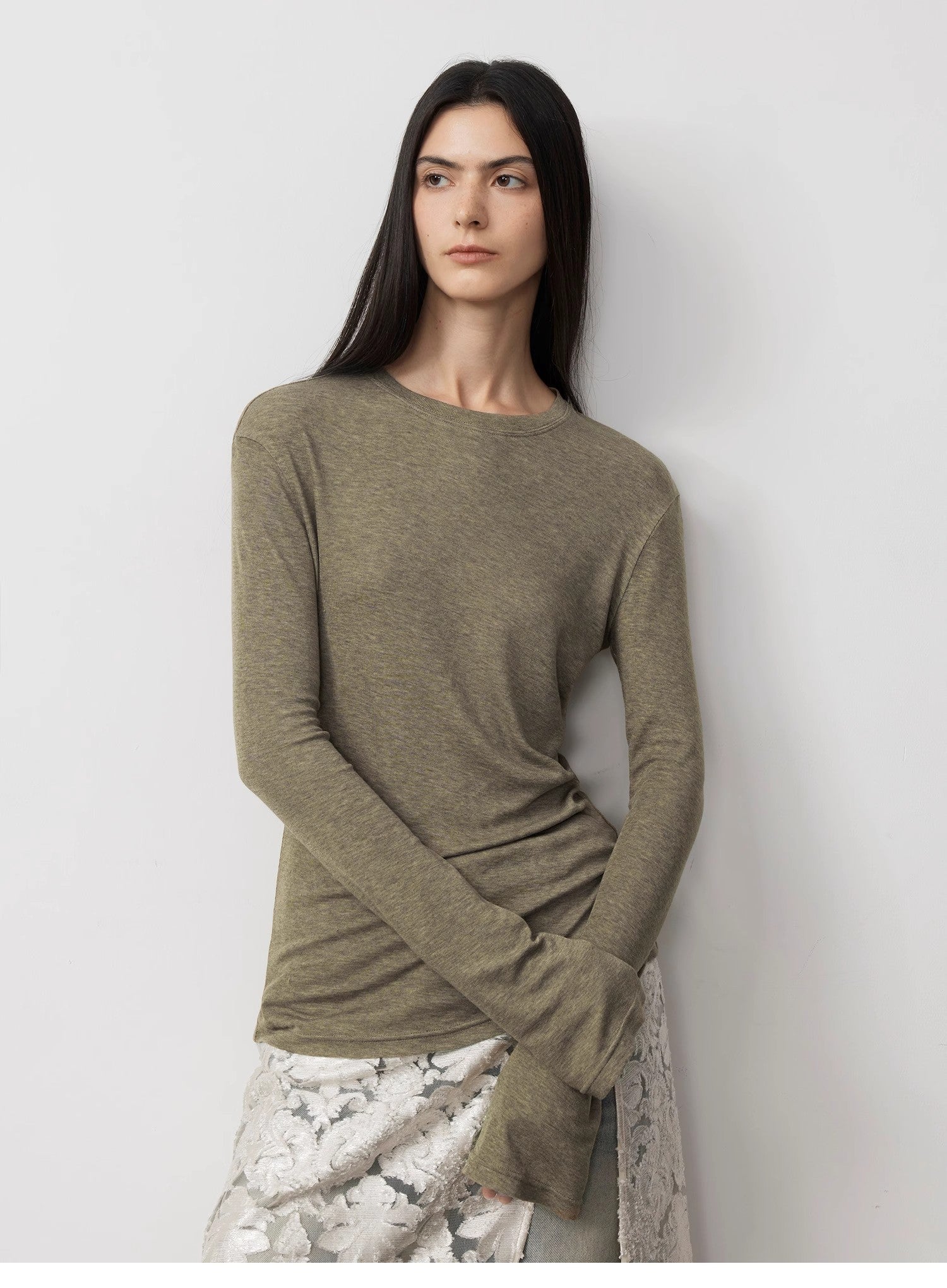 Lyocell wool stretch comfortable breathable fit minimalist solid color long - sleeved T-shirt - variant_title