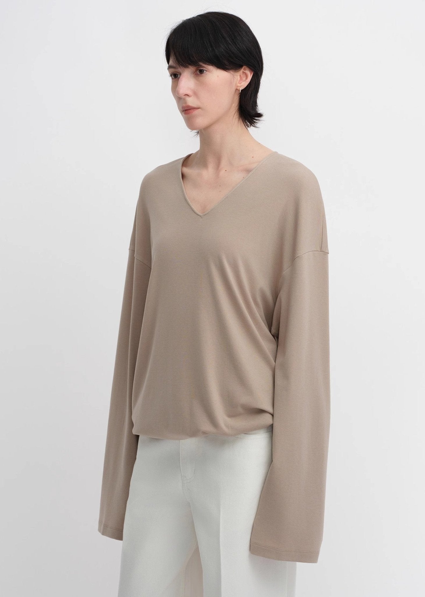 Machine washable Tencel wool V - neck two - wear elastic hem T-shirt bottoming shirt - variant_title