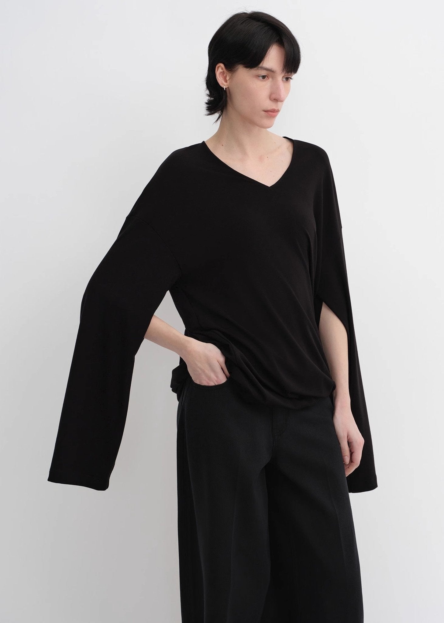 Machine washable Tencel wool V - neck two - wear elastic hem T-shirt bottoming shirt - variant_title