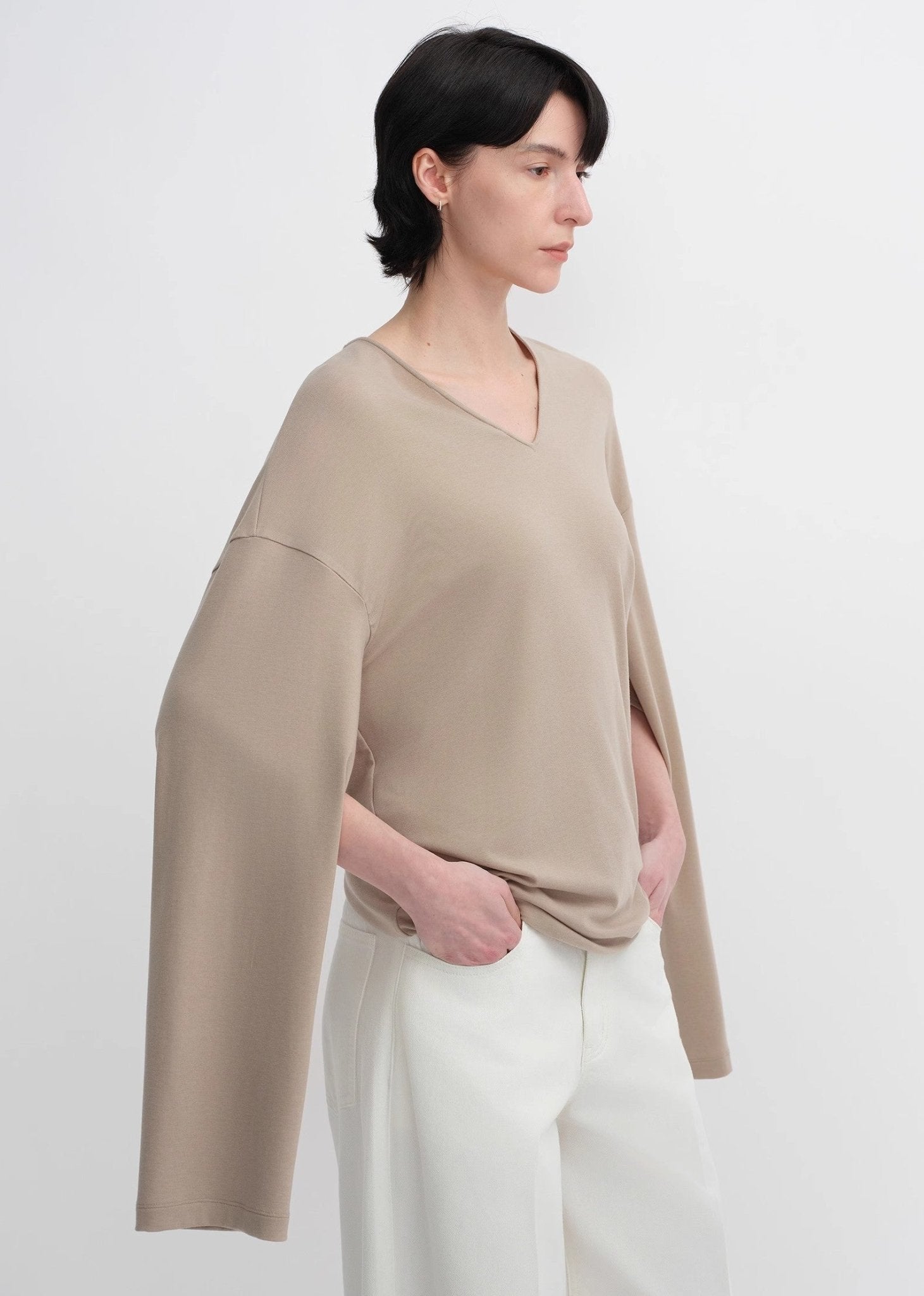 Machine washable Tencel wool V - neck two - wear elastic hem T-shirt bottoming shirt - variant_title