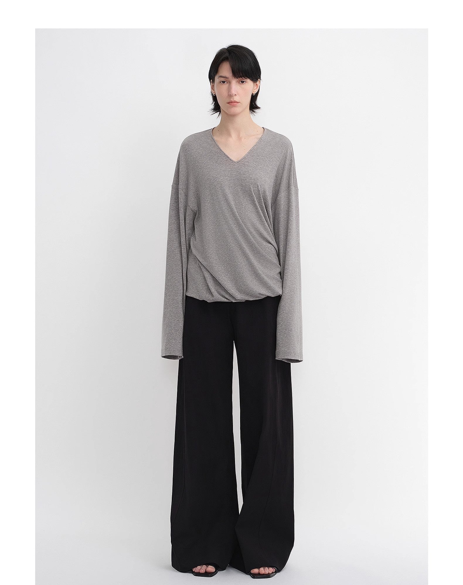 Machine washable Tencel wool V - neck two - wear elastic hem T-shirt bottoming shirt - variant_title