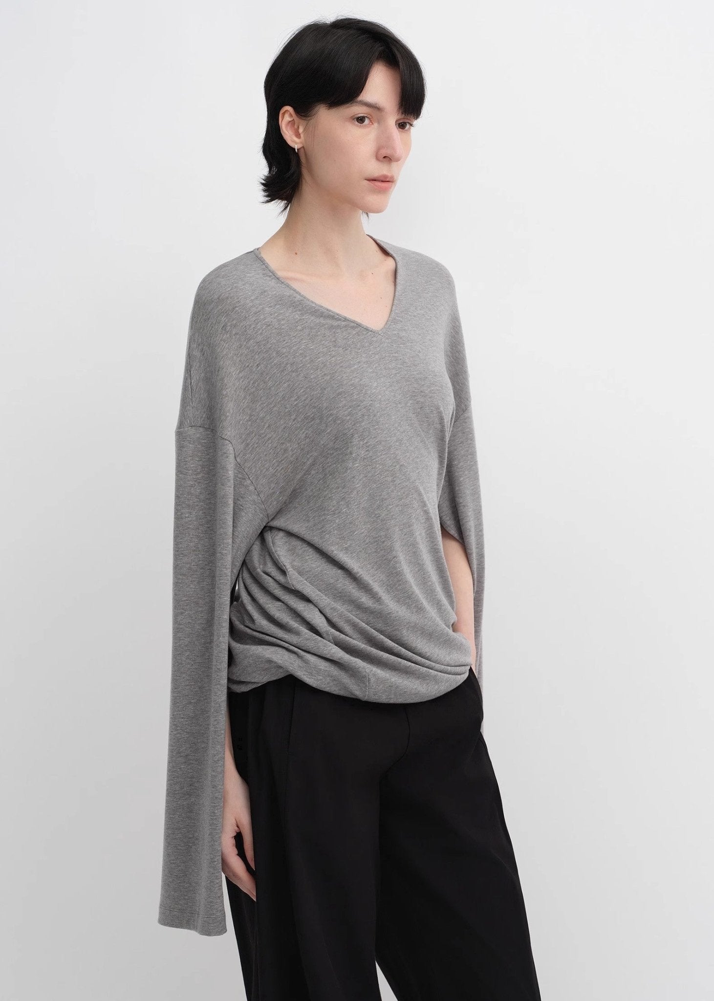 Machine washable Tencel wool V - neck two - wear elastic hem T-shirt bottoming shirt - variant_title