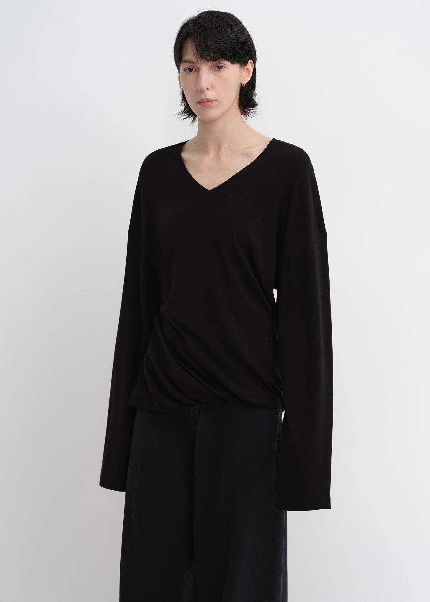 Machine washable Tencel wool V - neck two - wear elastic hem T-shirt bottoming shirt - variant_title