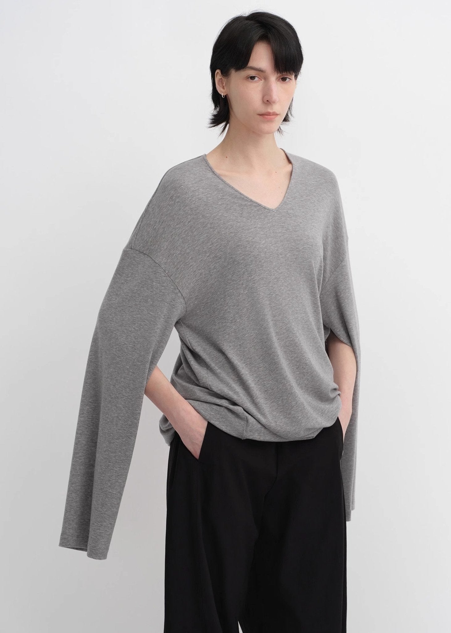 Machine washable Tencel wool V - neck two - wear elastic hem T-shirt bottoming shirt - variant_title