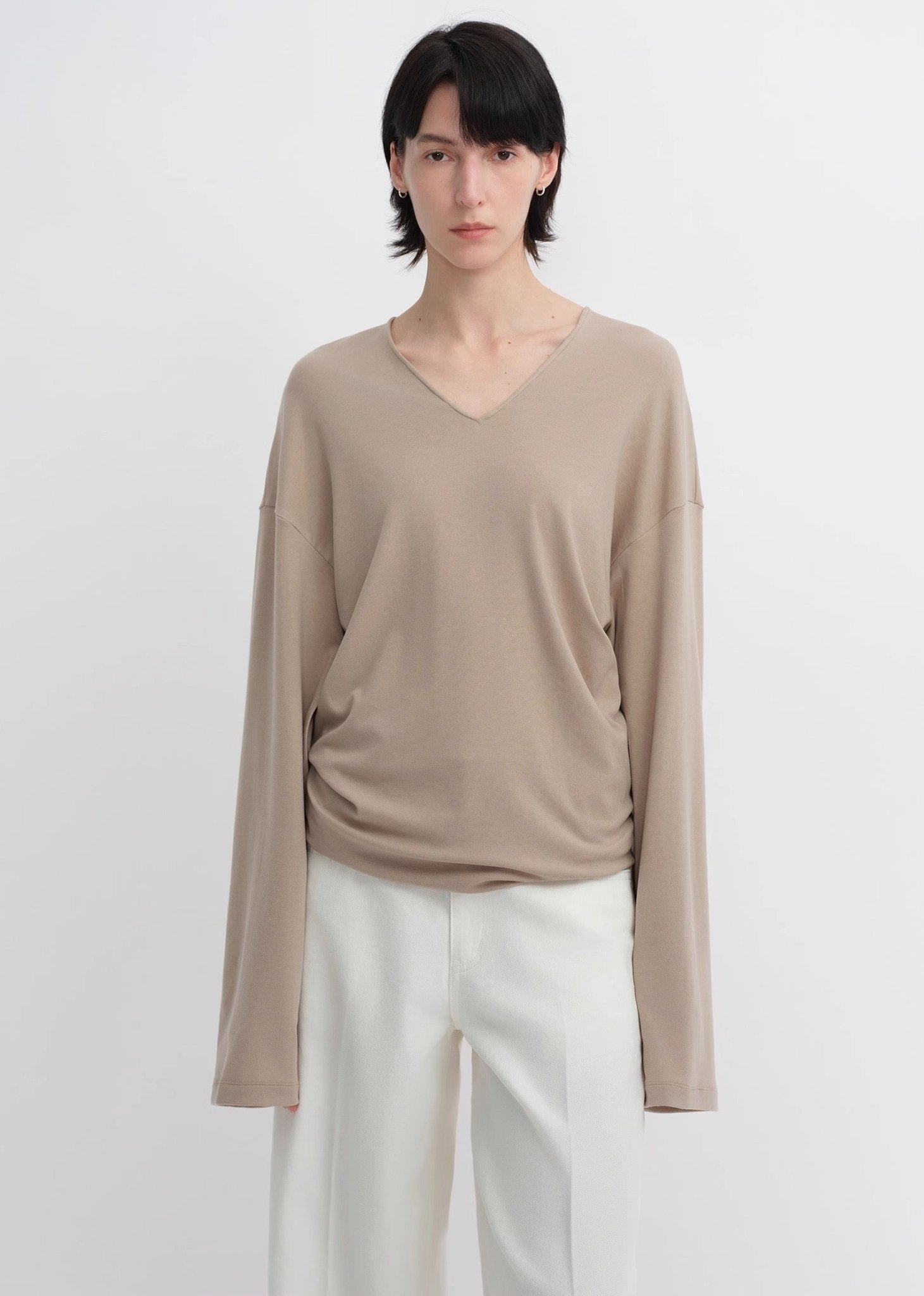 Machine washable Tencel wool V - neck two - wear elastic hem T-shirt bottoming shirt - variant_title