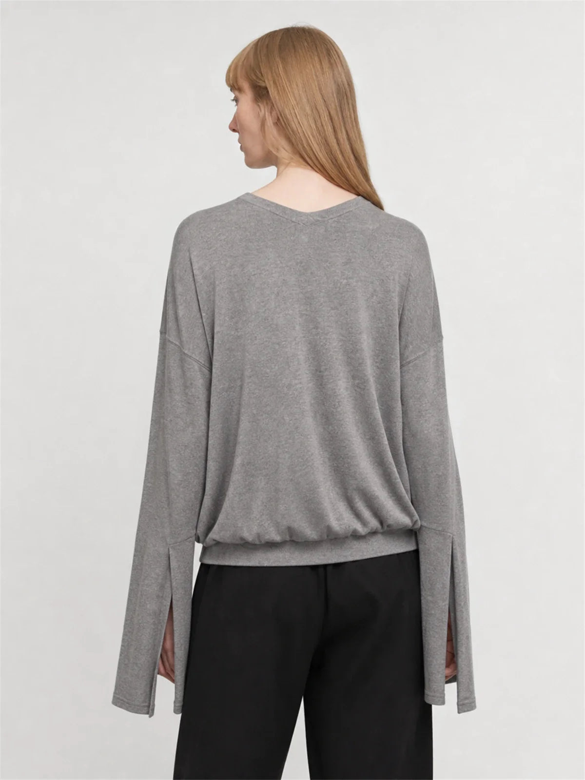 Machine washable Tencel wool V-neck elastic hem top gray on Maryna back view