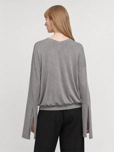 Machine washable Tencel wool V-neck elastic hem top gray on Maryna back view