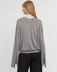 Machine washable Tencel wool V-neck elastic hem top gray on Maryna back view