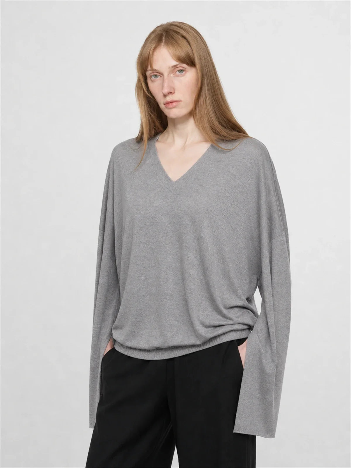 Machine washable Tencel wool V-neck elastic hem top gray on Maryna front view