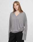 Machine washable Tencel wool V-neck elastic hem top gray on Maryna front view