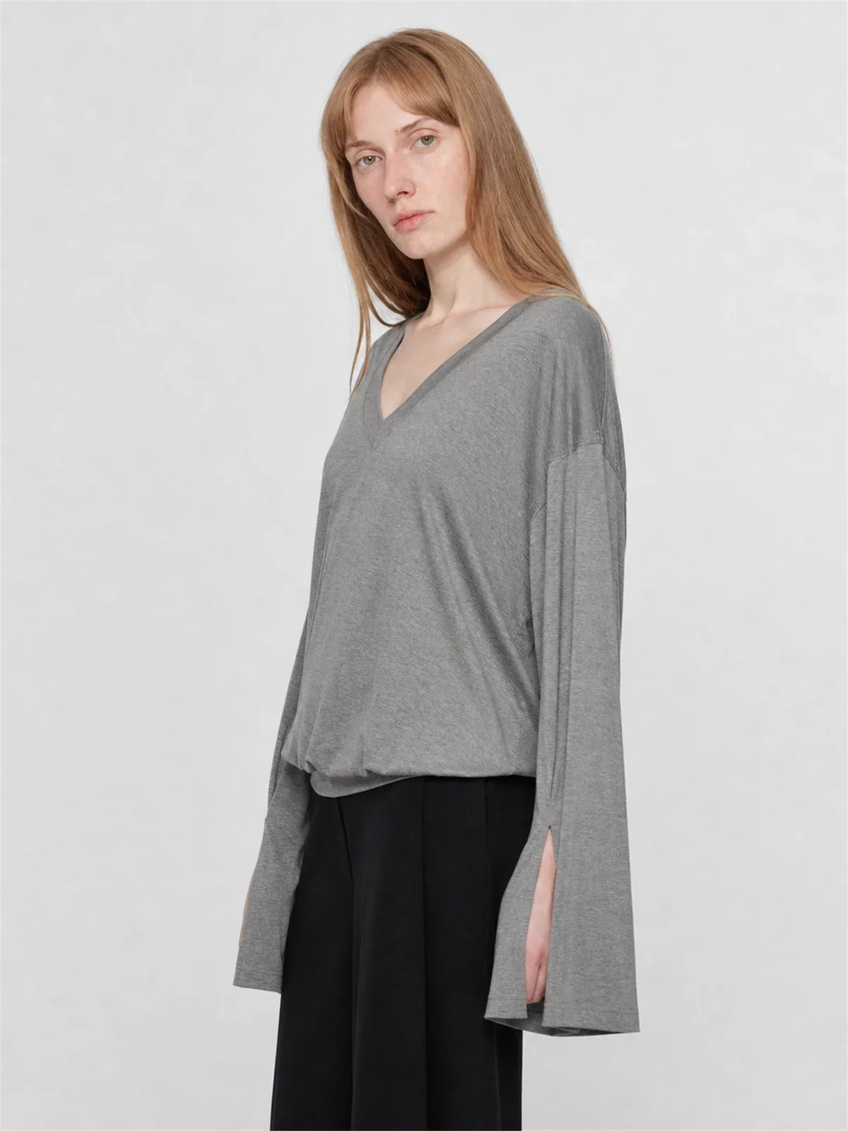 Machine washable Tencel wool V-neck elastic hem top gray on Maryna side view
