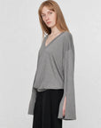 Machine washable Tencel wool V-neck elastic hem top gray on Maryna side view