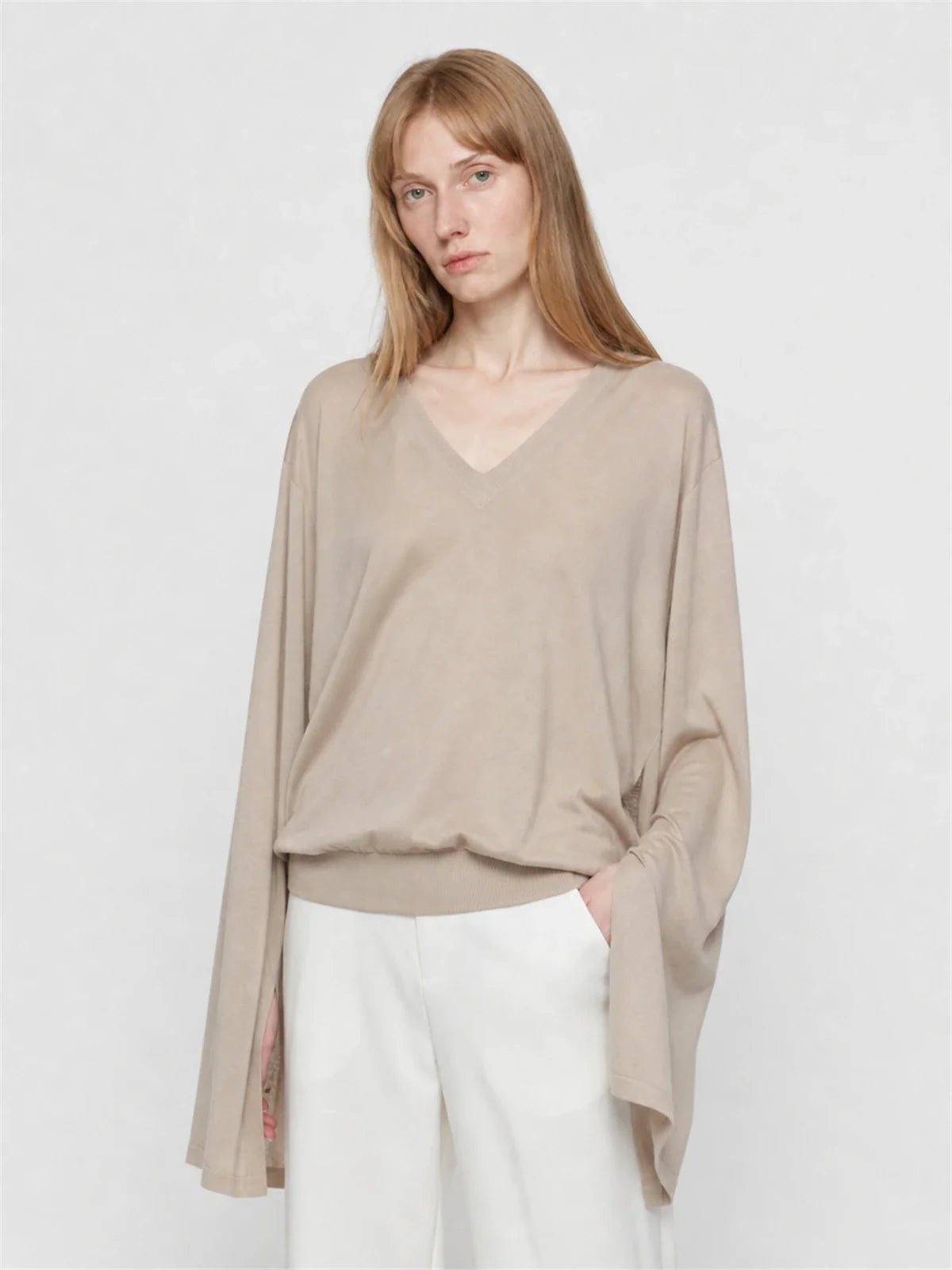 Machine washable Tencel wool V-neck elastic hem top light khaki on Maryna front view