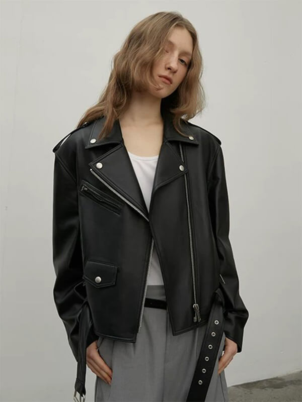 Letrans Women's Lambskin Leather Biker Jacket Cropped Retro Moto Style "Murasaki River"