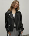 Letrans Women's Lambskin Leather Biker Jacket Cropped Retro Moto Style "Murasaki River"