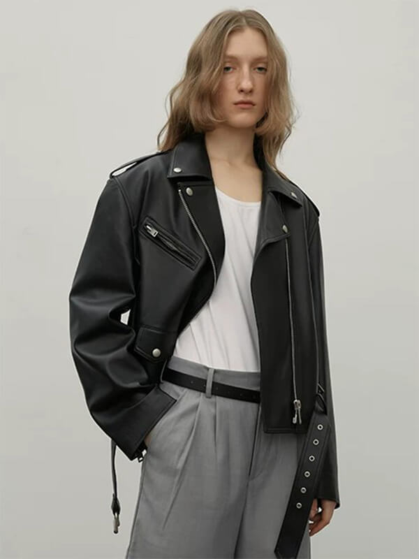 Letrans Women's Lambskin Leather Biker Jacket Cropped Retro Moto Style "Murasaki River"