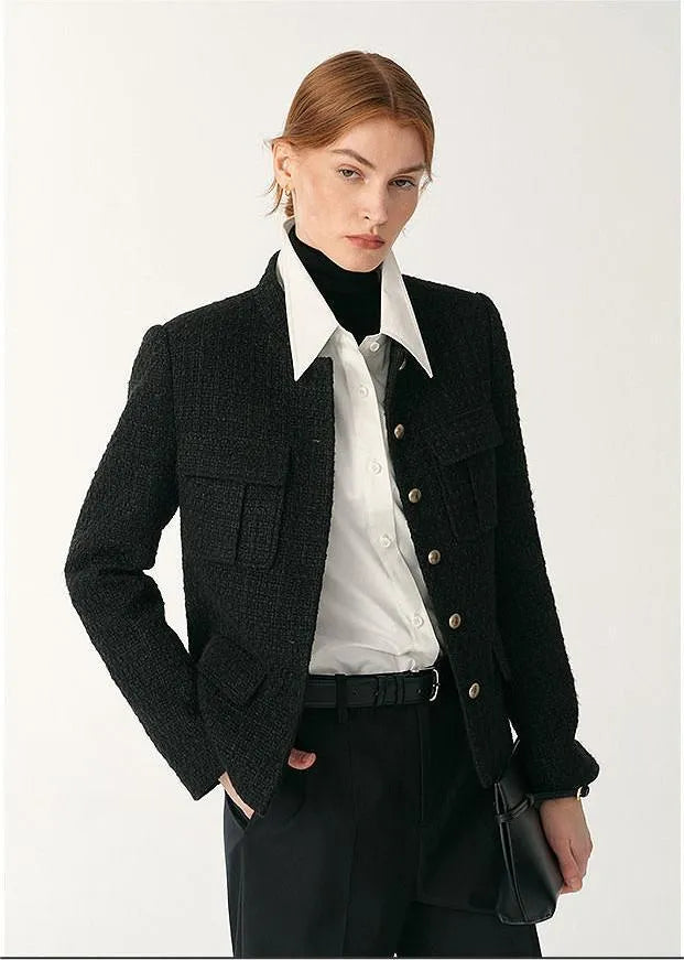 Heavy wool blend tweed stand collar waist cropped coat