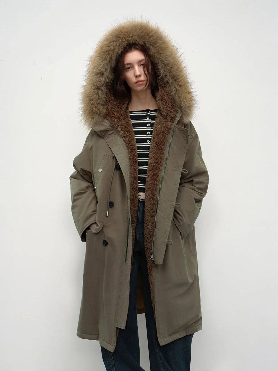 Fireladyfur Manchester City Old Stories II gray bean green down parka front view