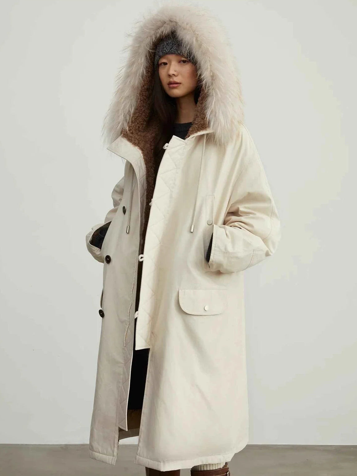 Fireladyfur Manchester City old story off white hooded down parka front view