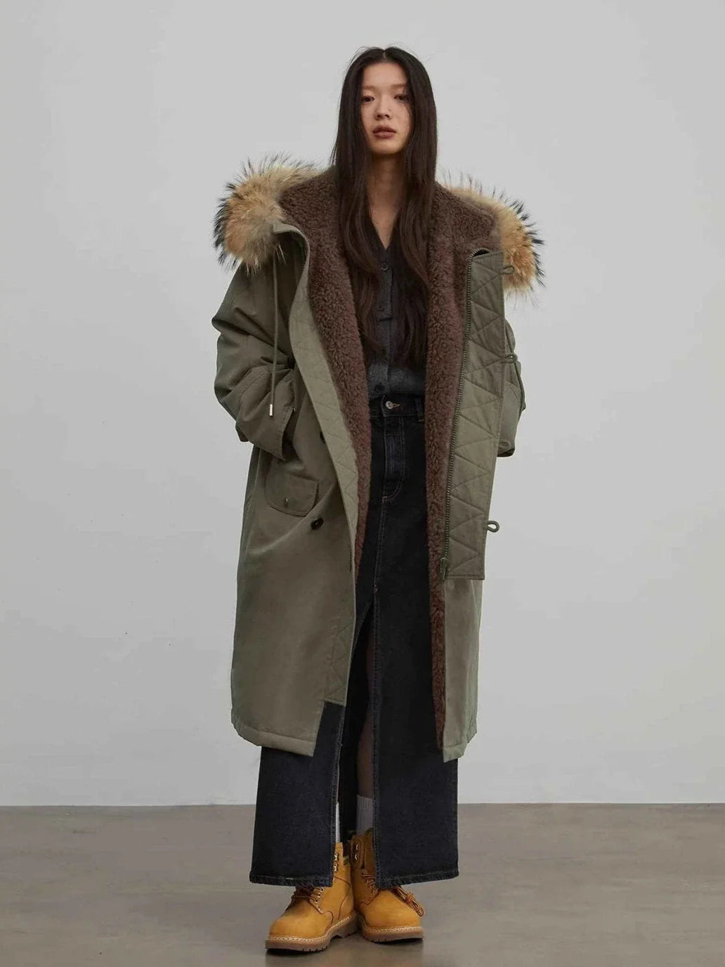 Fireladyfur Manchester City old story army green gray hooded parka front view