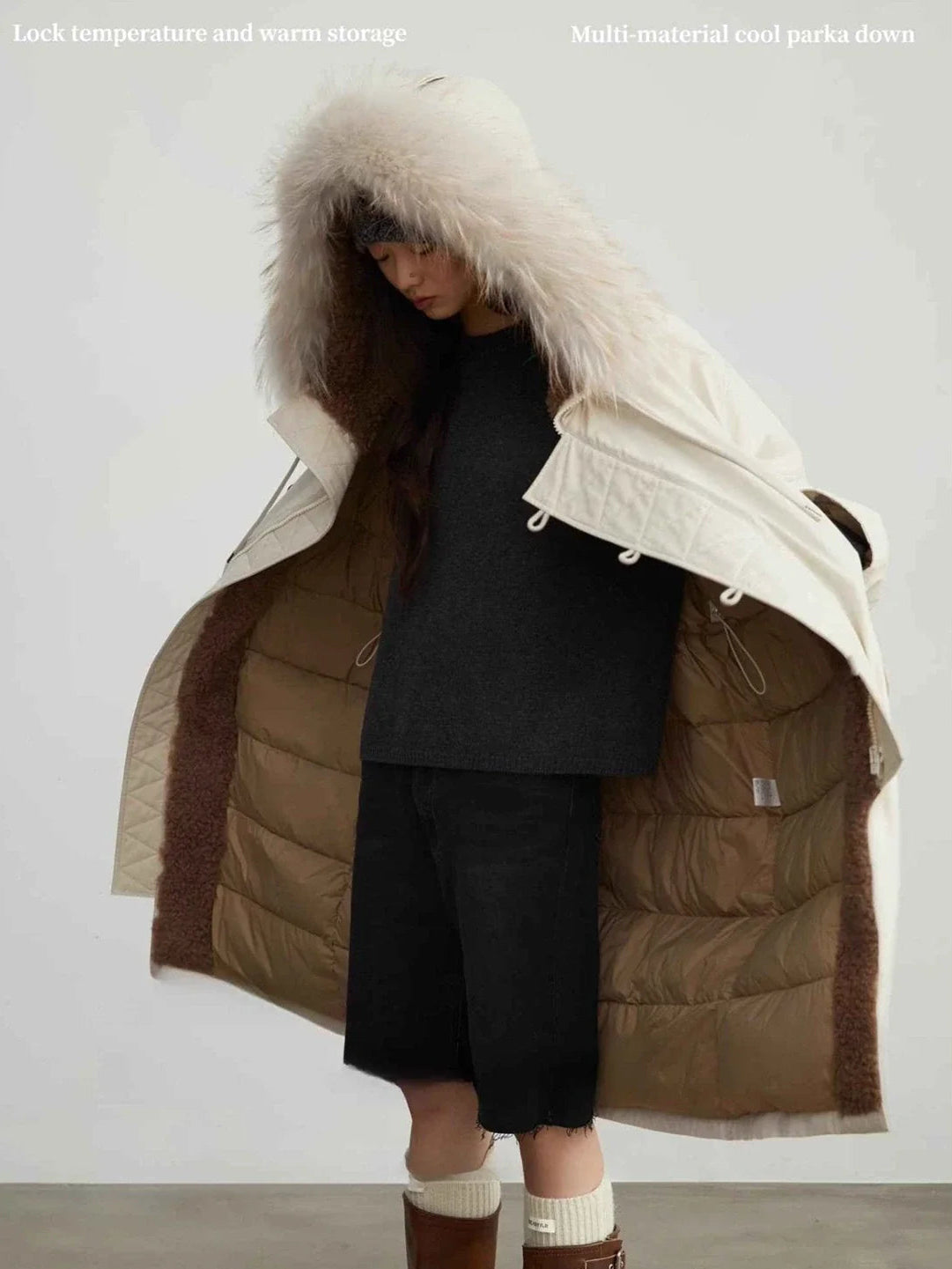 Fireladyfur Manchester City old story hooded down parka side view