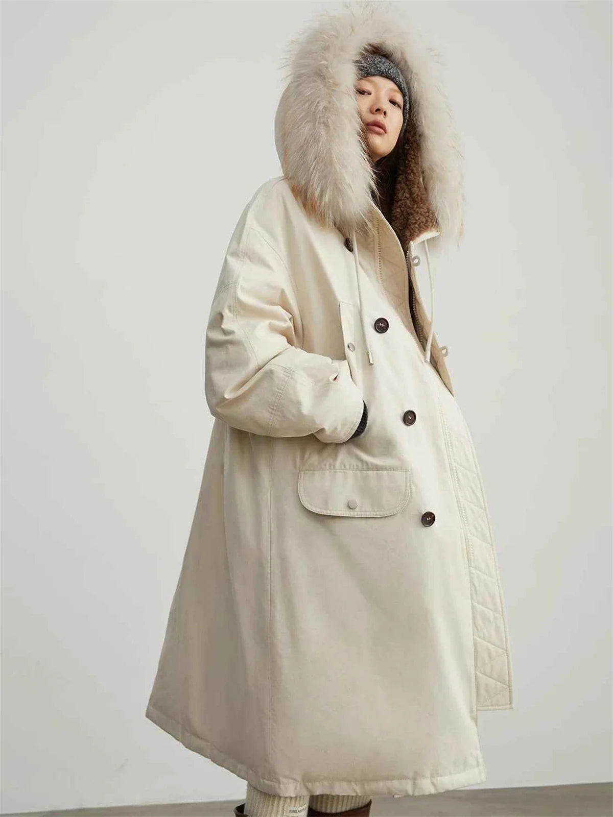 Fireladyfur Manchester City old story hooded parka rear profile view