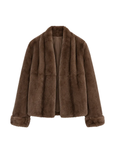 Margaret caramel brown contrasting Rex rabbit fur coat front product view