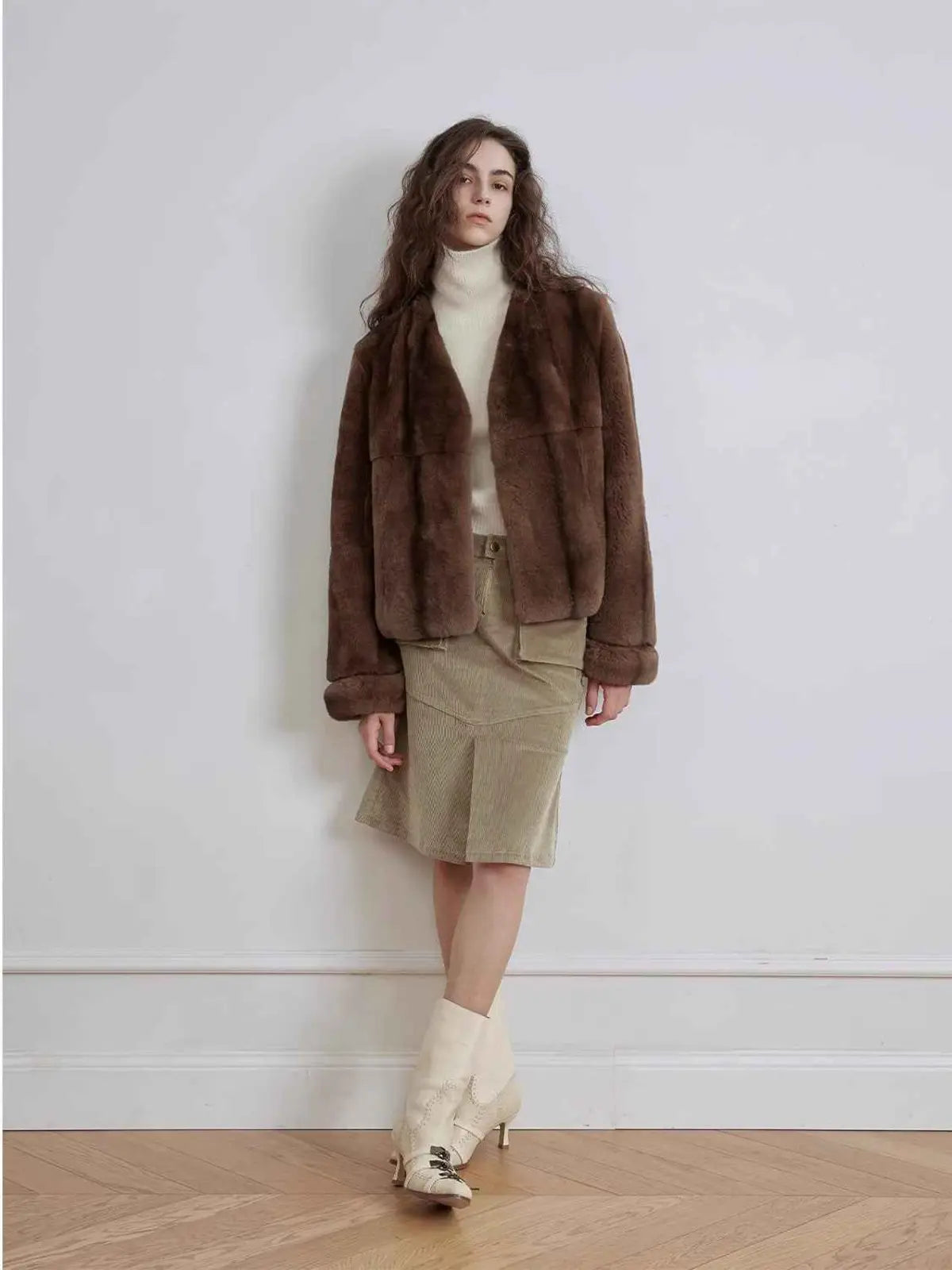 Margaret caramel brown Rex rabbit fur coat full-length model view