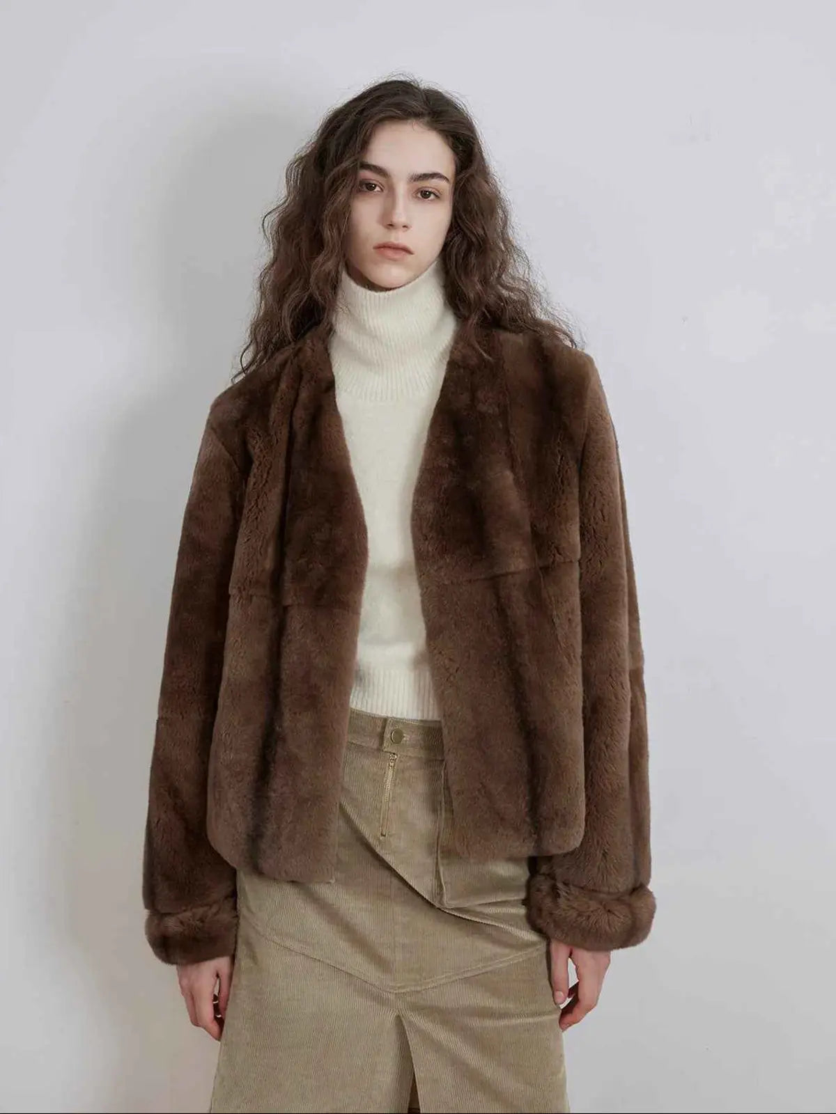 Margaret caramel brown V-neck rabbit fur coat front model view
