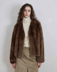 Margaret caramel brown V-neck rabbit fur coat front model view