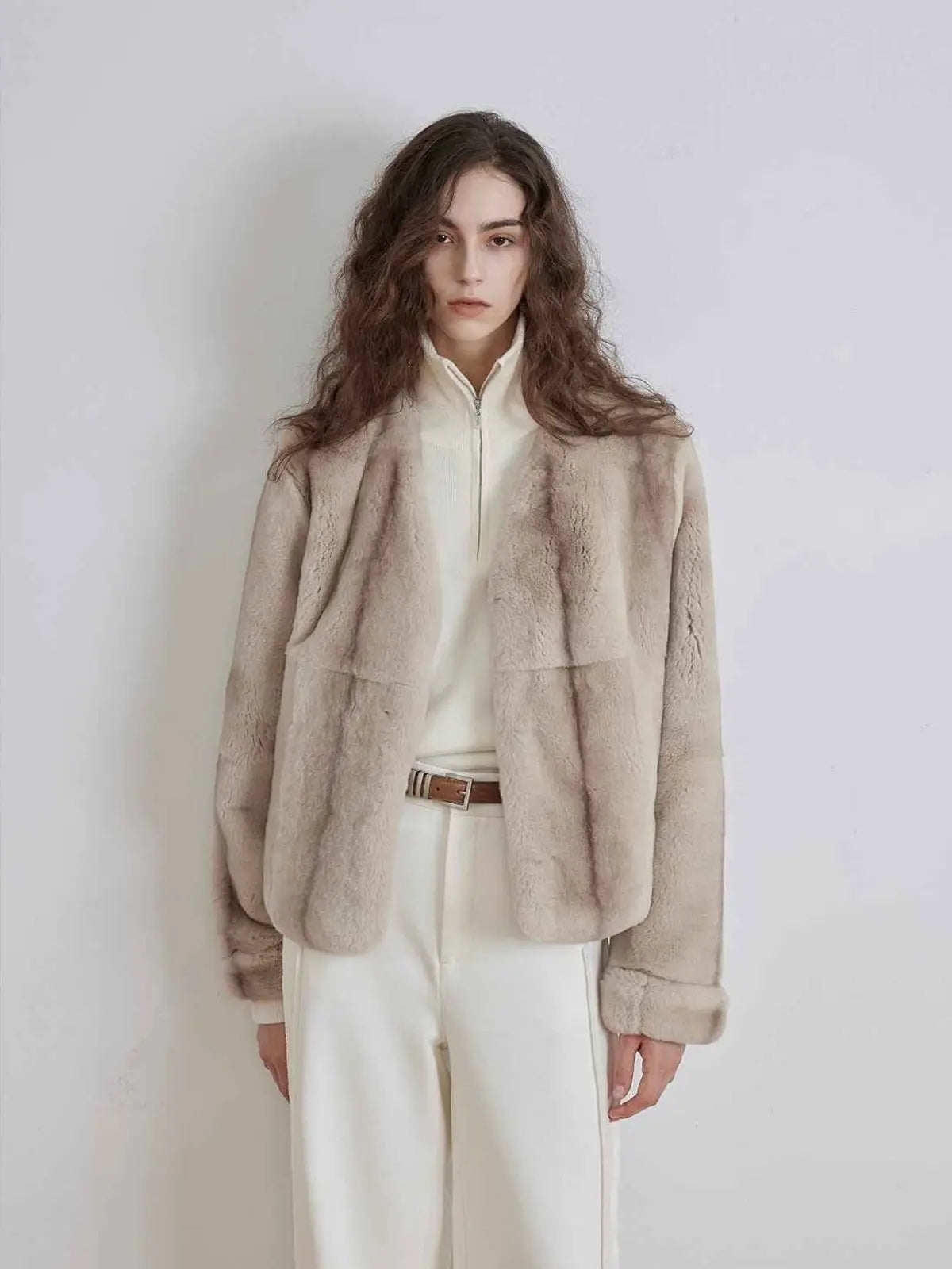 Margaret beige gray V-neck rabbit fur coat front model view