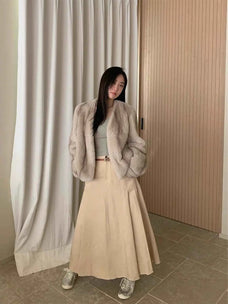 Margaret beige gray rabbit fur coat relaxed lifestyle model view