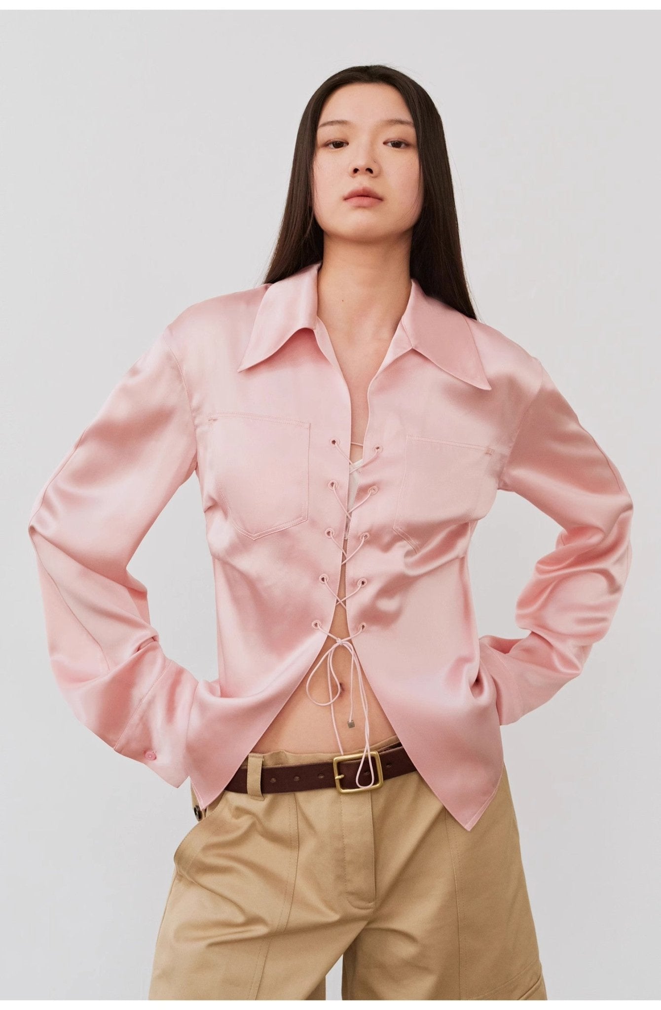 "Mercerized Spring Shadow" Acetate Shirt Women's Hollow String Pleated Slimming Long Sleeve Shirt - variant_title