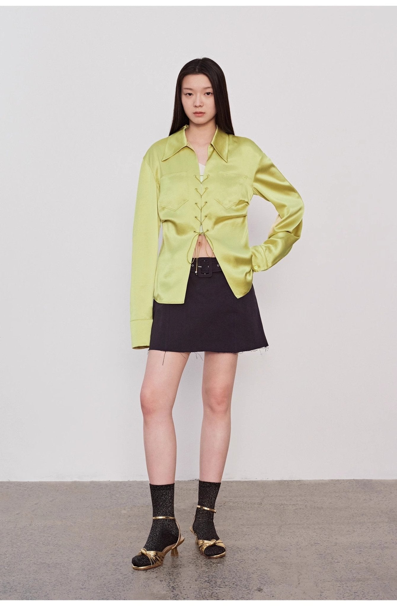 "Mercerized Spring Shadow" Acetate Shirt Women's Hollow String Pleated Slimming Long Sleeve Shirt - variant_title