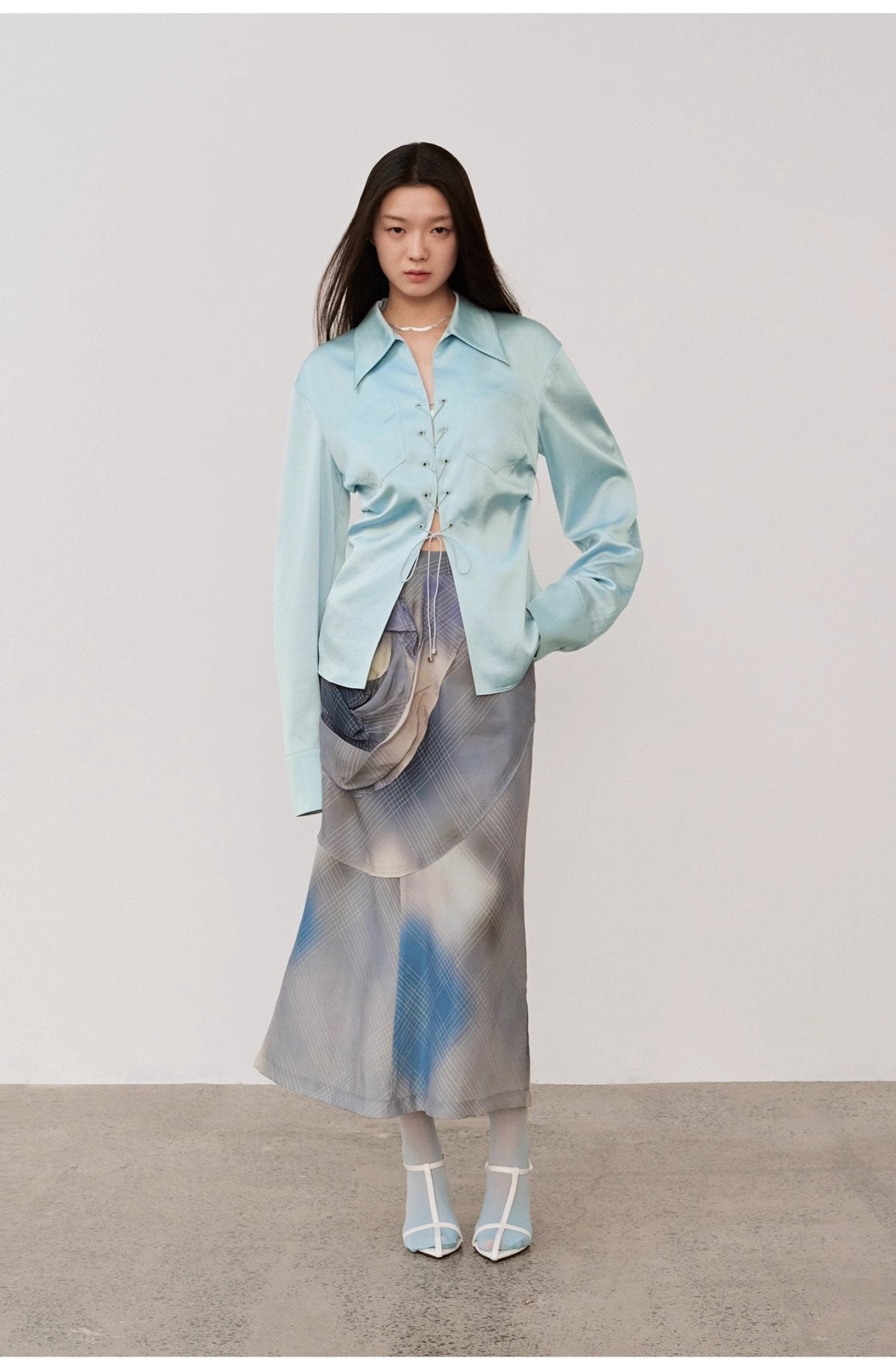 "Mercerized Spring Shadow" Acetate Shirt Women's Hollow String Pleated Slimming Long Sleeve Shirt - variant_title