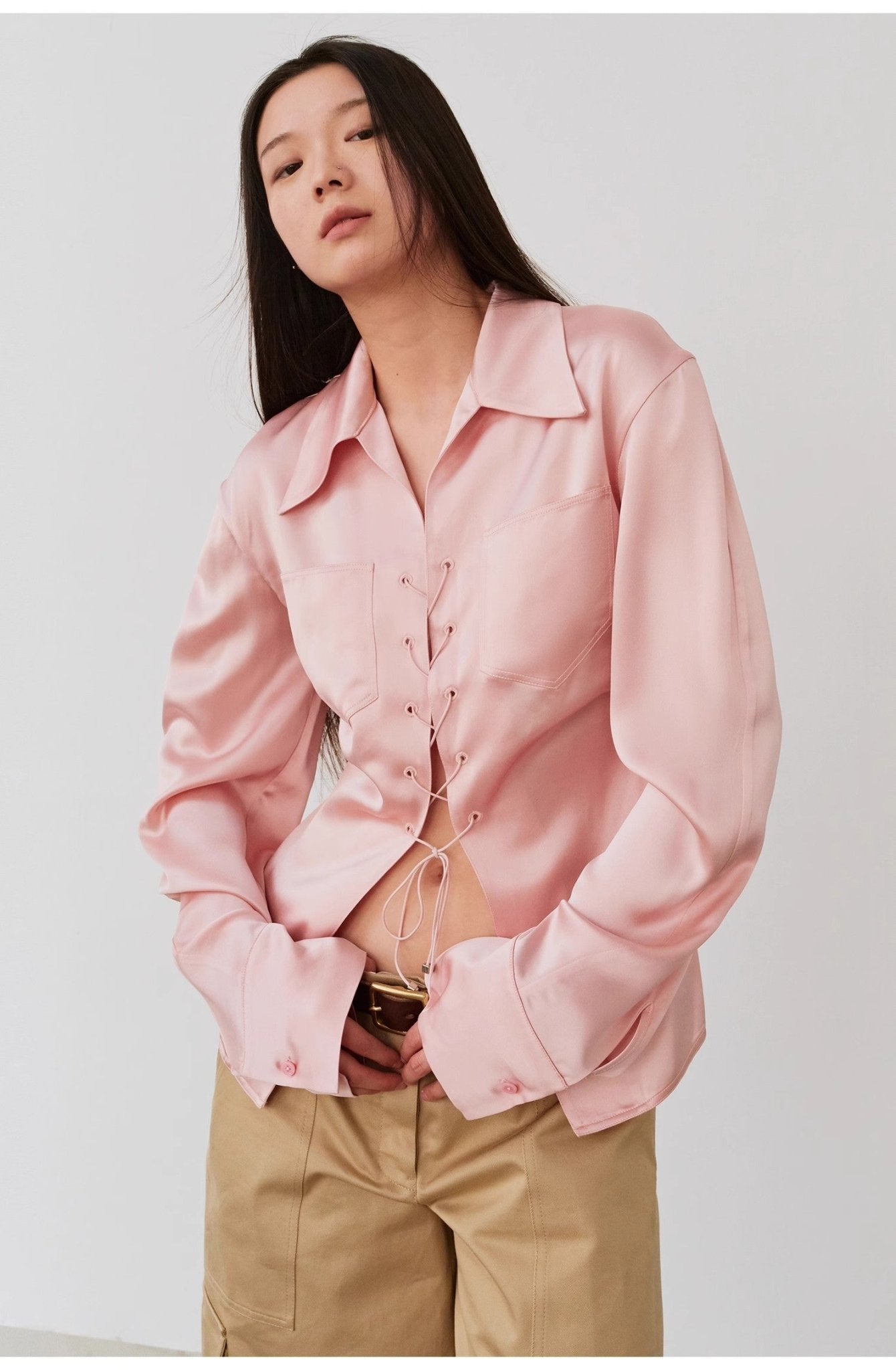 "Mercerized Spring Shadow" Acetate Shirt Women's Hollow String Pleated Slimming Long Sleeve Shirt - variant_title