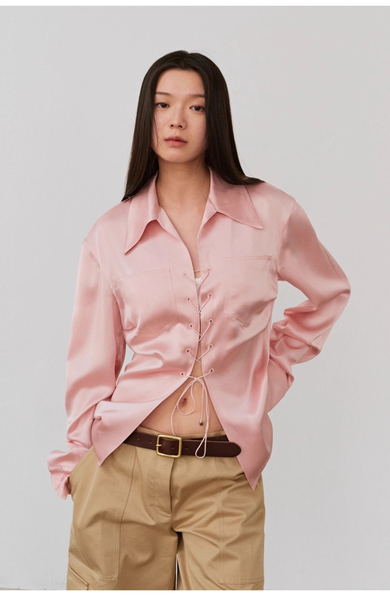 "Mercerized Spring Shadow" Acetate Shirt Women's Hollow String Pleated Slimming Long Sleeve Shirt - variant_title