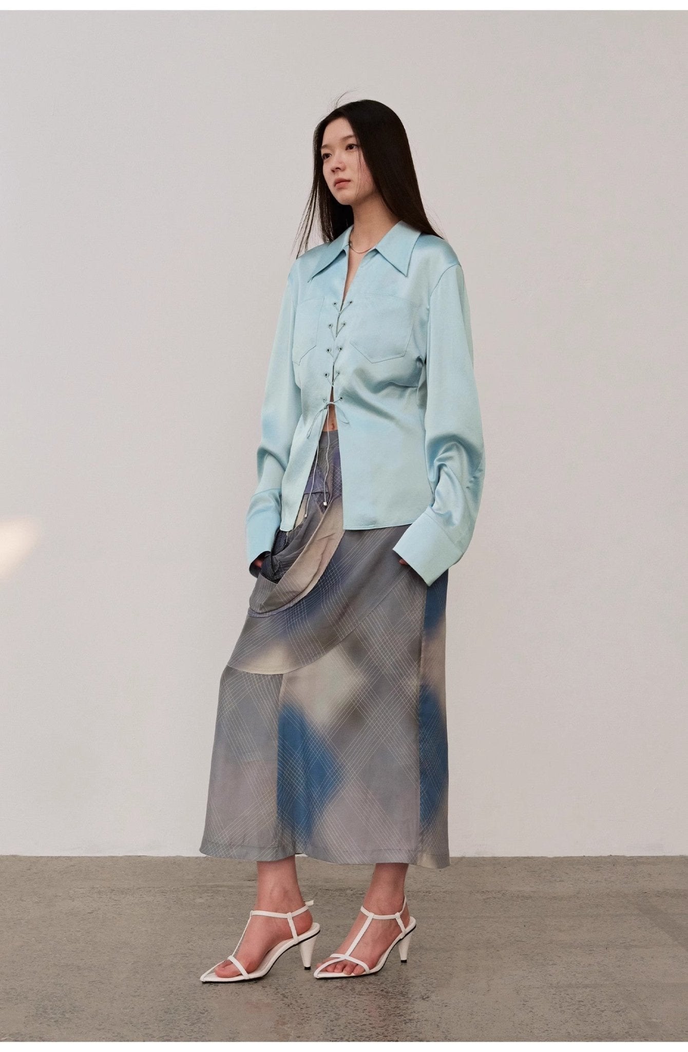 "Mercerized Spring Shadow" Acetate Shirt Women's Hollow String Pleated Slimming Long Sleeve Shirt - variant_title