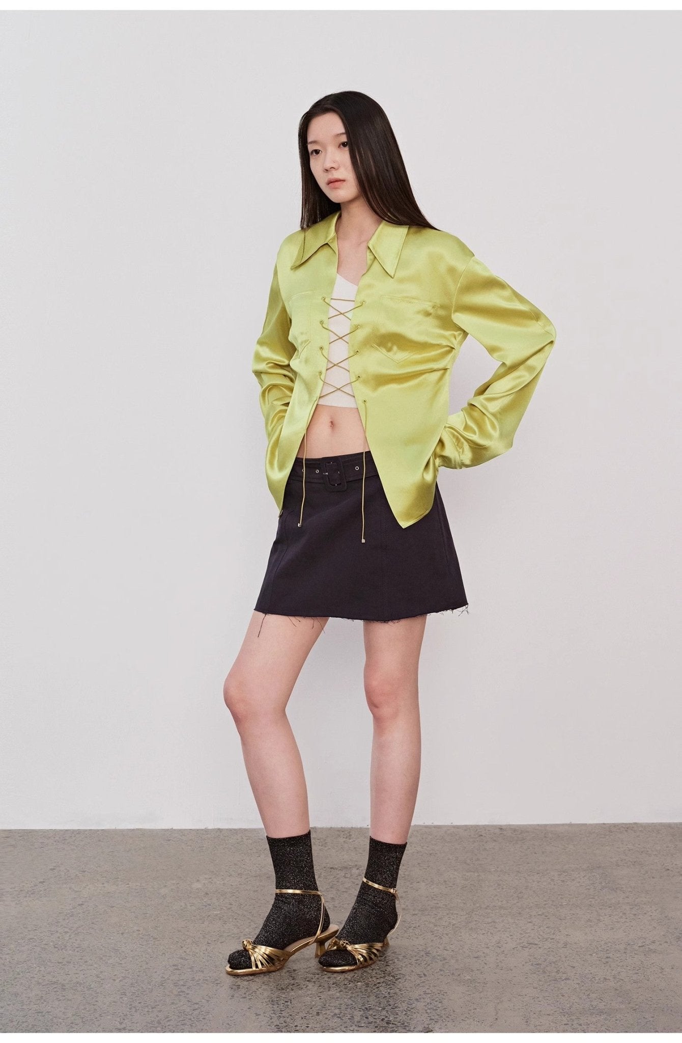 "Mercerized Spring Shadow" Acetate Shirt Women's Hollow String Pleated Slimming Long Sleeve Shirt - variant_title