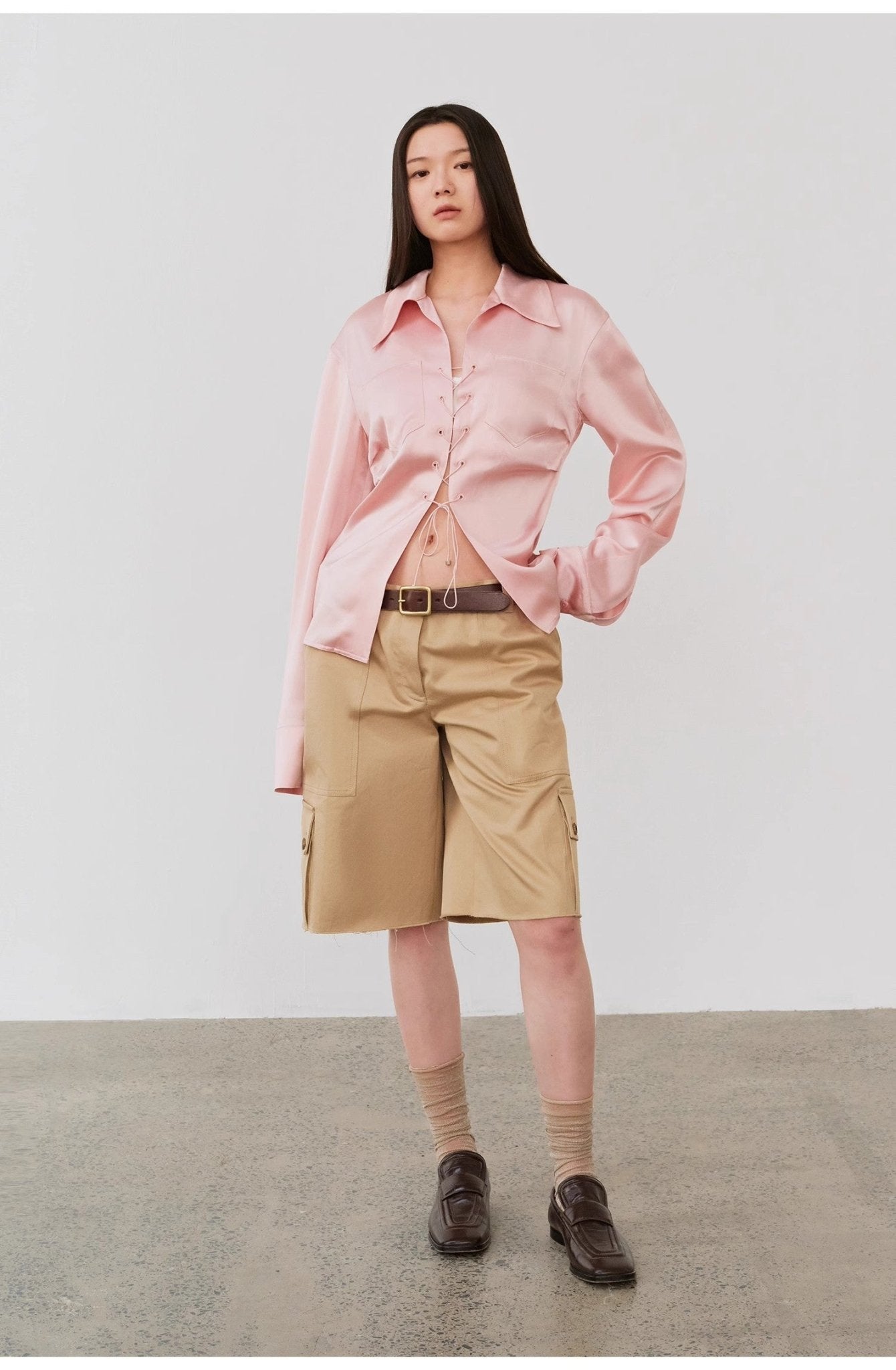 "Mercerized Spring Shadow" Acetate Shirt Women's Hollow String Pleated Slimming Long Sleeve Shirt - variant_title