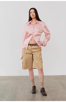 "Mercerized Spring Shadow" Acetate Shirt Women's Hollow String Pleated Slimming Long Sleeve Shirt - variant_title