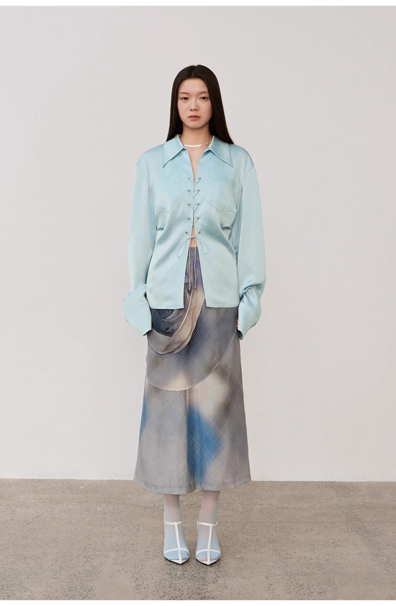 "Mercerized Spring Shadow" Acetate Shirt Women's Hollow String Pleated Slimming Long Sleeve Shirt - variant_title