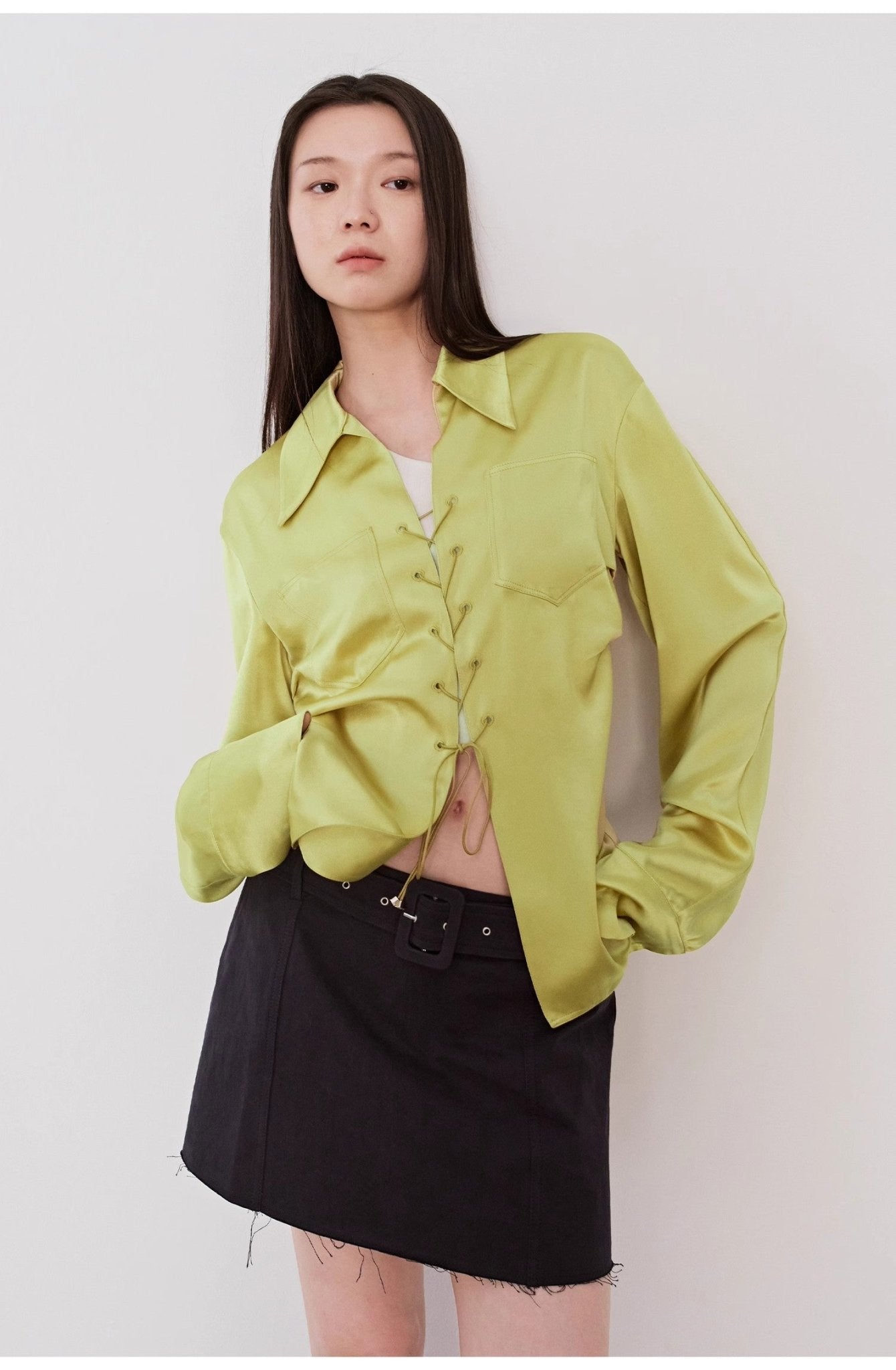 "Mercerized Spring Shadow" Acetate Shirt Women's Hollow String Pleated Slimming Long Sleeve Shirt - variant_title