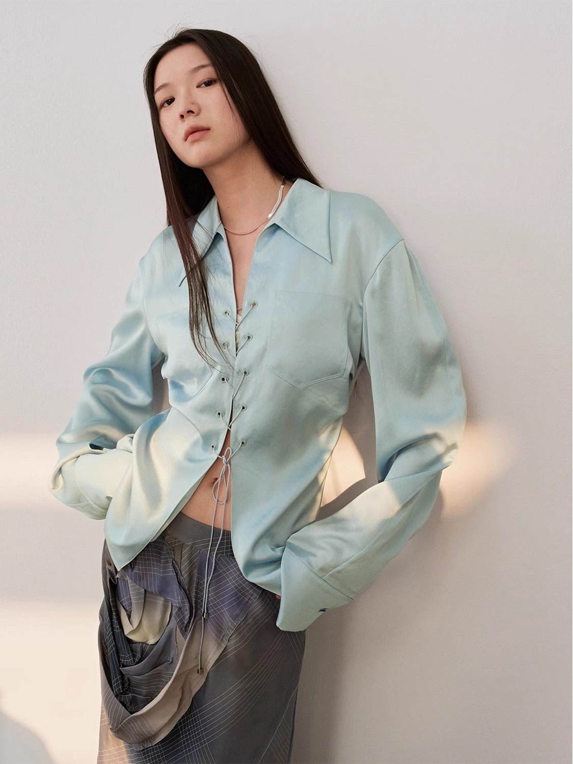 "Mercerized Spring Shadow" Acetate Shirt Women's Hollow String Pleated Slimming Long Sleeve Shirt - variant_title