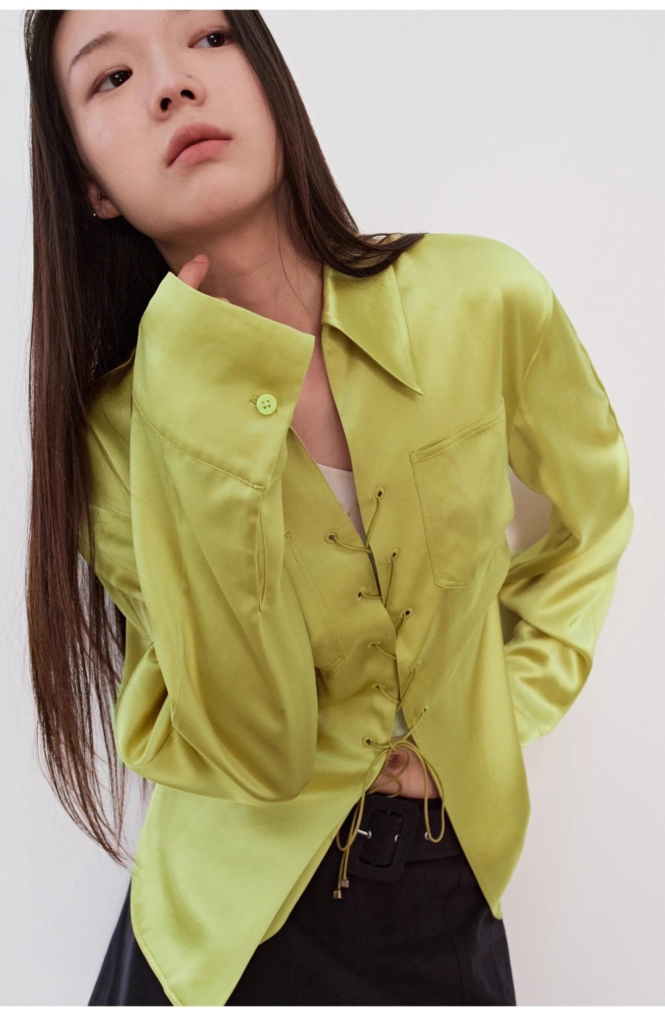 "Mercerized Spring Shadow" Acetate Shirt Women's Hollow String Pleated Slimming Long Sleeve Shirt - variant_title