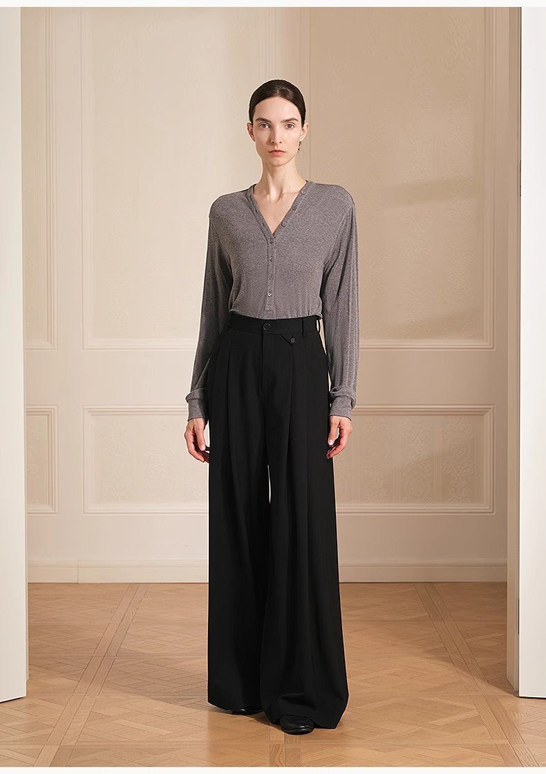 Merino wool blended double pleated wide - leg pants for women, versatile, drapey and comfortable casual trousers - variant_title