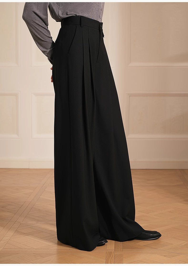 Merino wool blended double pleated wide - leg pants for women, versatile, drapey and comfortable casual trousers - variant_title