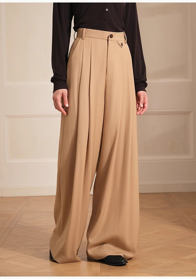 Merino wool blended double pleated wide - leg pants for women, versatile, drapey and comfortable casual trousers - variant_title