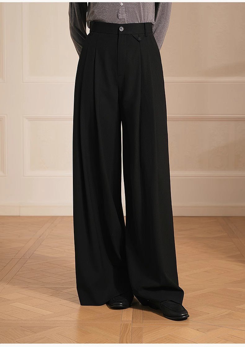 Merino wool blended double pleated wide - leg pants for women, versatile, drapey and comfortable casual trousers - variant_title