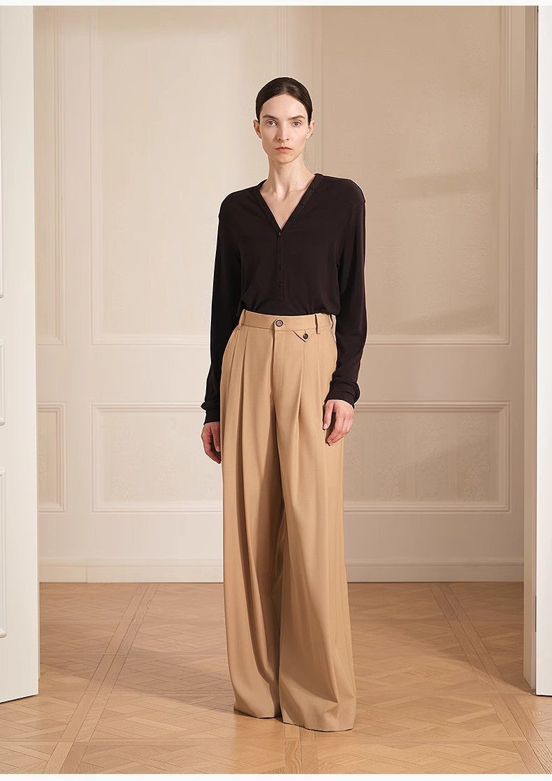 Merino wool blended double pleated wide - leg pants for women, versatile, drapey and comfortable casual trousers - variant_title